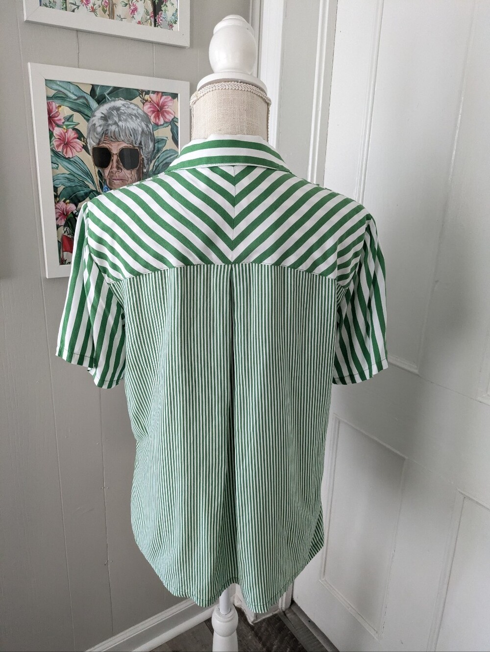 Jane Delancey Green White Striped Button Up Shirt Oversized Small Boxy Relaxed - Picture 4 of 7